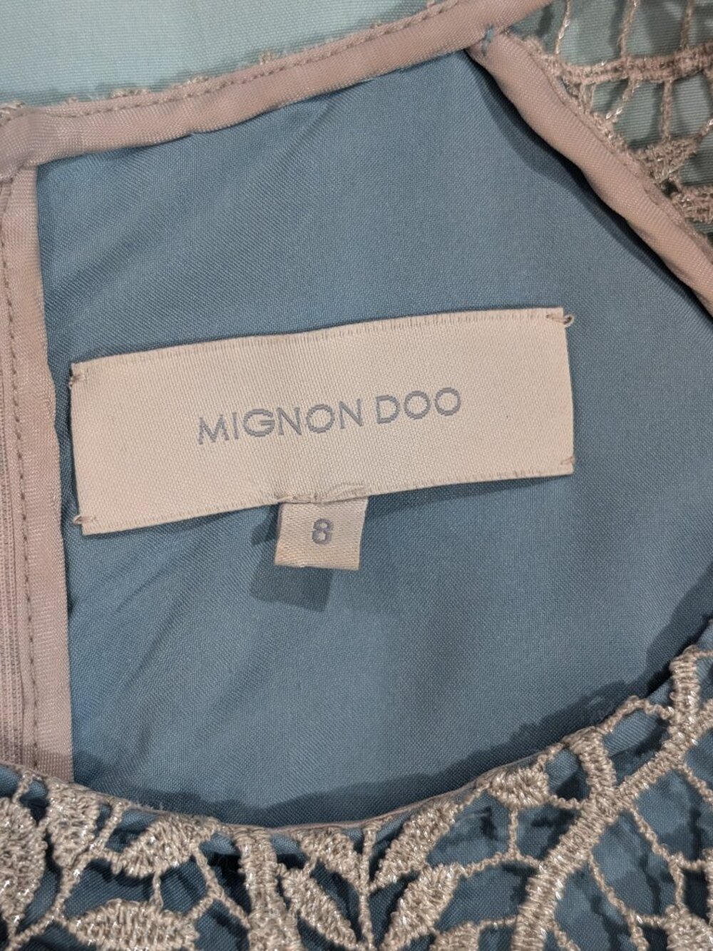 BHLDN Mignon Doo size 8 Pierre Dress in light teal with gold lace overlay - Picture 3 of 8